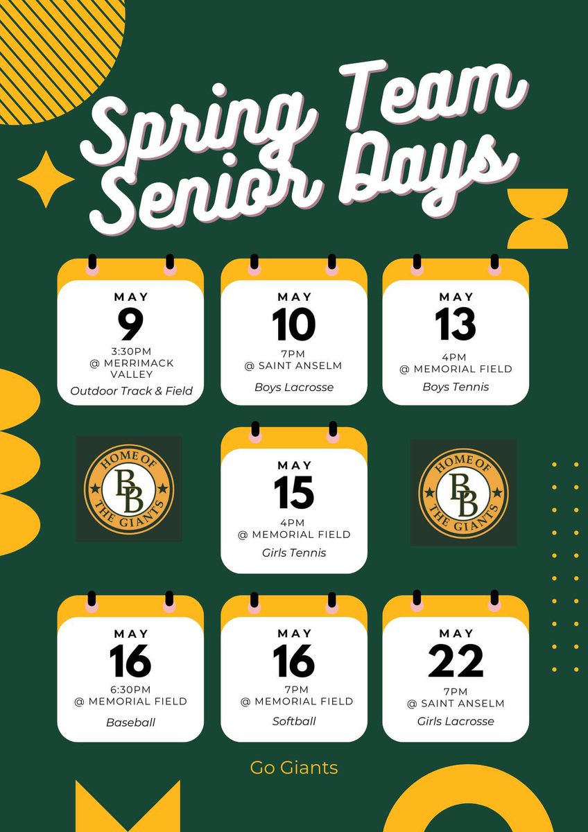 Spring Season Senior Game schedule for our Giant Athletes 🥍🥎🏃⚾️🎾🥍🏃‍♀️🎾