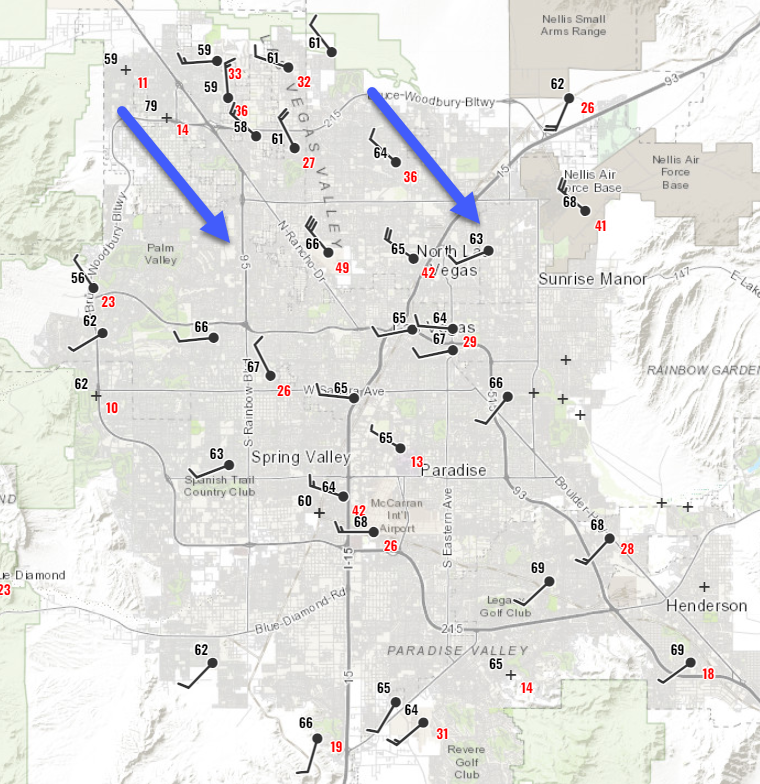 1:15 PM PDT Update: Strong northwesterly postfrontal winds are making their way into the Las Vegas Valley. Peak gusts near 50 mph have been observed. These winds should make it through The Valley by 3 PM PDT. #NVwx #VegasWeather