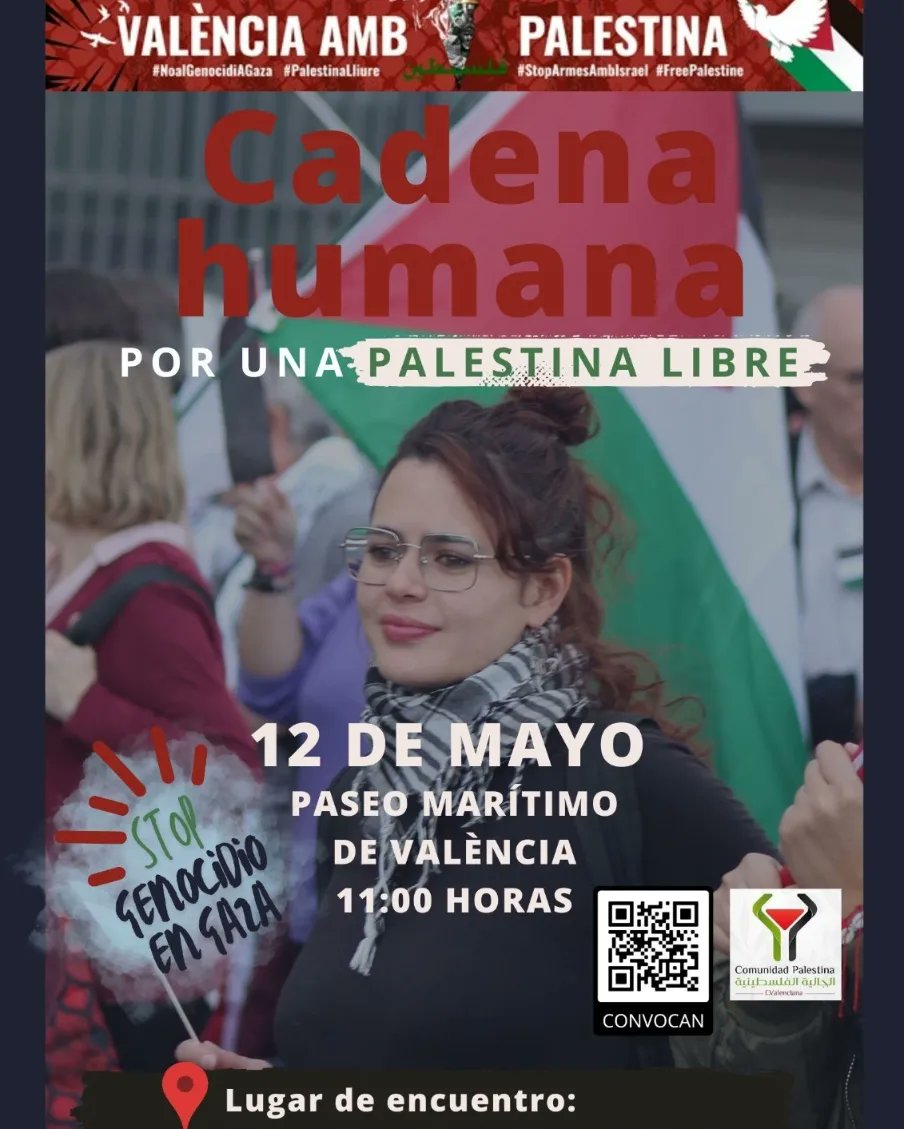 Desde la plataforma #ValenciaAmbPalestina os convocamos a uniros a la cadena humana más grande de Valencia en solidaridad con Gaza. El 12 de mayo a las 11h, nos encontraremos en las Estatuas de los Delfines (Paseo Marítimo de Valencia) para alzar nuestra voz contra el genocidio