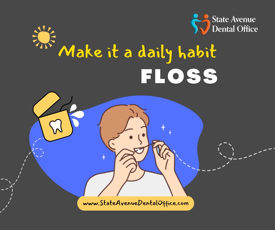 🦷 Floss Daily, Smile Brightly! 🌟

Make flossing a part of your everyday routine for a healthier, cleaner smile. It’s a small habit that has a big impact on your oral health. Tackle those hard-to-reach spots and keep your smile sparkling!
#FlossDaily #OralTips #StateAvenueDental