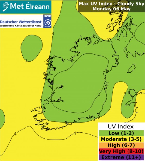 Tomorrow Monday the #UV index will be moderate in any sunshine ☀️

For #SunSmart tips & advice check⬇️
met.ie/uv-index

Weather forecast 👇
met.ie/national-forec…