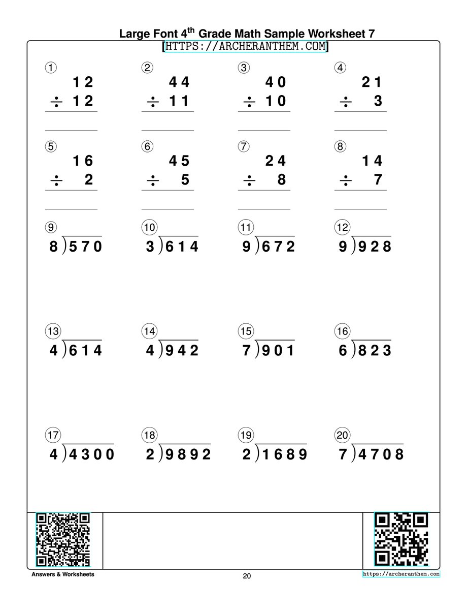 Large Print 4th Grade Math Divisions Printable Worksheet[ARCHERANTHEM.COM].
Easy on Eyes! From simple to long division.
Scan QR Code for Answers and More Samples.

archeranthem.com/workbooks/larg…

#homeschool #math #largeprint #SightLoss #division