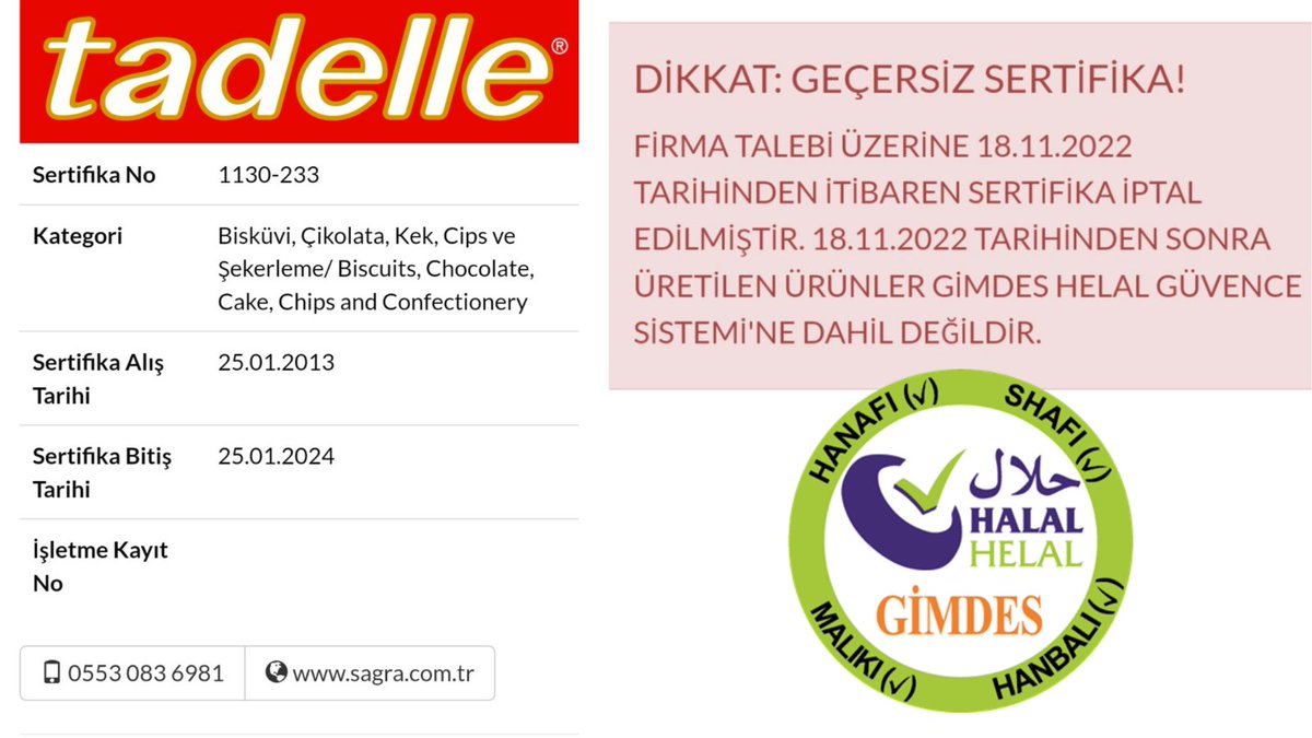 Tadelle satıldığında yaptıkları ilk iş bağımsız helal sertifikası veren @GIMDES halal sertifikikasını iptal etti. Neden acaba bu tarihten itibaren almıyorum aldırmıyorum @tadelle isterse 1 lira olsun. Affet Türkiyem #GSvSVS