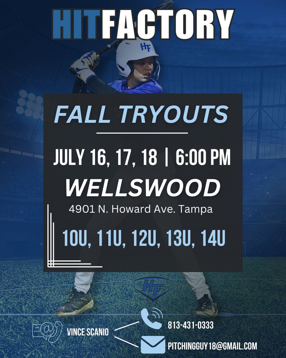 🚨 Calendar Alert 🚨 Join the legacy! 🌟 Hit Factory Baseball Fall Tryouts are around the corner. With over 130 alumni in the pros and 368 in college programs, become part of our tradition of excellence in Tampa Bay's baseball community. ⚾ #HitFactory #BaseballTryouts