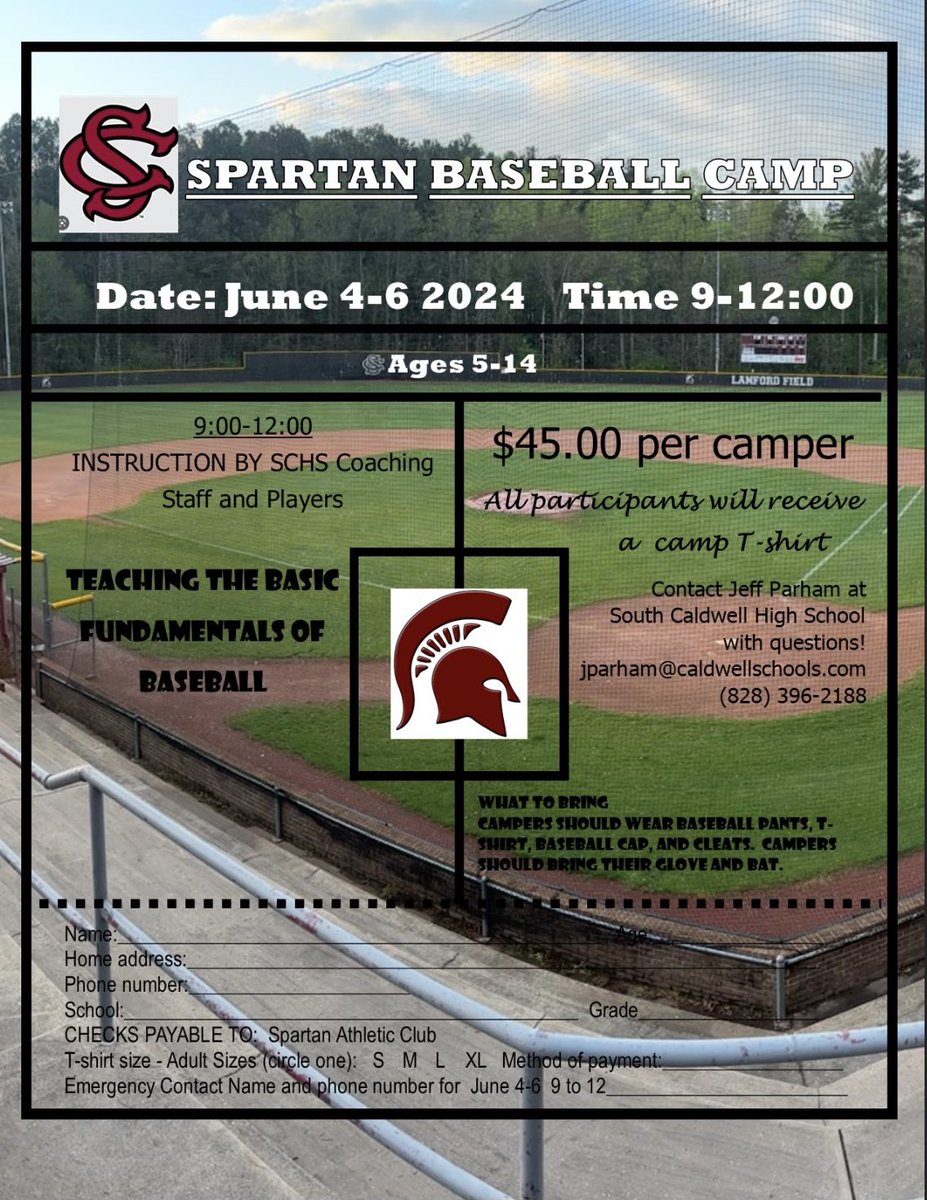⚾️⬇️2024 Spartan Baseball Camp Information⬇️⚾️ Make plans to attend the 2024 South Caldwell baseball camp from June 4-6th. Camp is from 9AM-12PM. Cost is $45 and registration sheet/payment must be completed prior to or on the morning of June 4th. #ALLIN