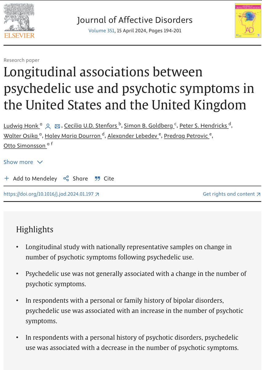 New study looking at longitudinal association of psychedelic use and psychotic symptoms. Interesting findings: overall, no association of increased sx; if personal or FHx of bipolar, higher risk, & if personal history of psychosis, lower risk of psychotic sx, respectively.