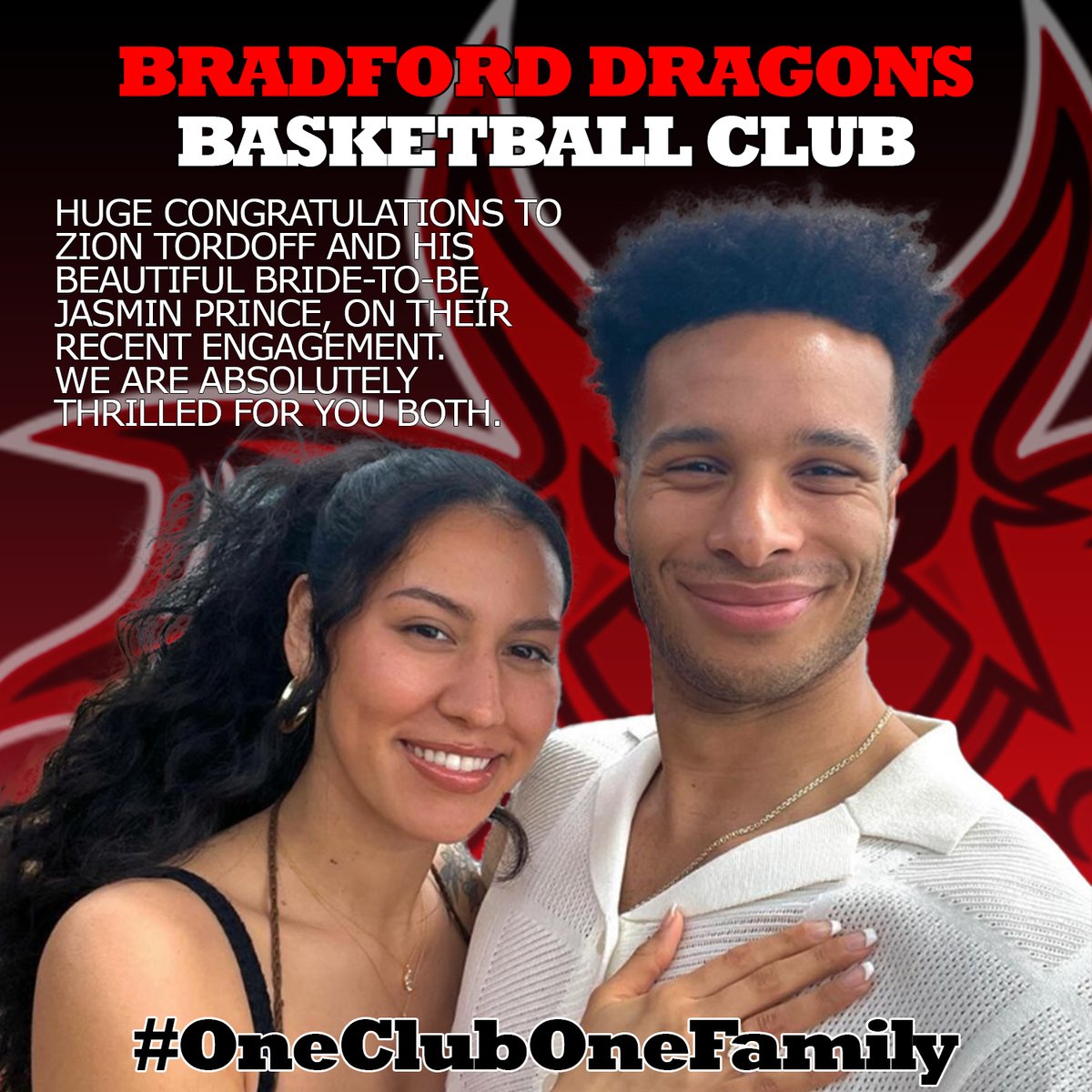 The club are absolutely thrilled with the news that Zion Tordoff and Jasmin Prince have recently become engaged. We are thrilled for you both and wish you every happiness for your future together. #BradfordDragons #MoreThanJustBasketball #OneClubOneFAMILY #Congratulations