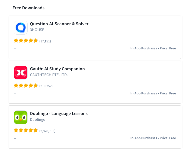 App Store eğitim kategorisinde sıralamada duolingo'yu geçen AI uygulamaları Bu sıra çok popüler listelerde çok fazla görüyorum. İlk sıradaki Question AI geçen ay $400k gelir ve 700k indirme almış.