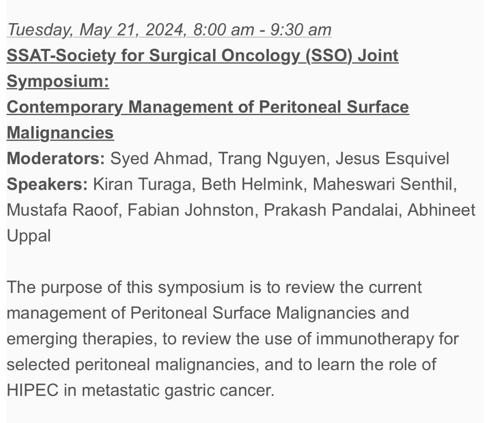 SSAT (@ssatnews) on Twitter photo Our joint <a href="/SSATNews/">SSAT</a> - <a href="/SocSurgOnc/">Society of Surgical Oncology</a> symposium is on updates in the management of peritoneal surface malignancies.
Do you need to start thinking about adding PIPAC to your PSM program?
Legend has it that the peritoneum self-separates at the sight of our panelists.
Join us on 5/21! Our joint <a href="/SSATNews/">SSAT</a> - <a href="/SocSurgOnc/">Society of Surgical Oncology</a> symposium is on updates in the management of peritoneal surface malignancies.
Do you need to start thinking about adding PIPAC to your PSM program?
Legend has it that the peritoneum self-separates at the sight of our panelists.
Join us on 5/21!