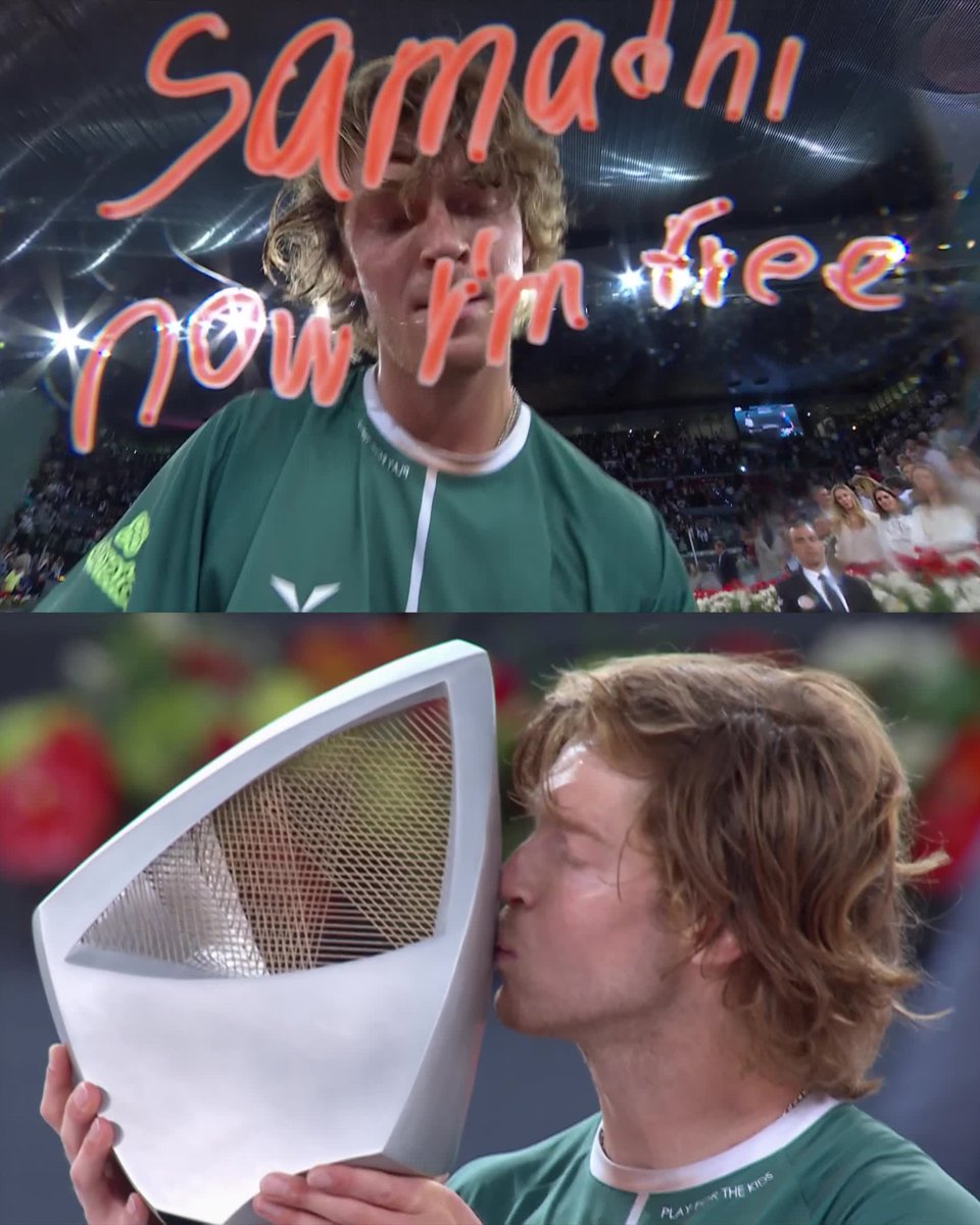 Andrey Rublev gets defaulted for an outburst of anger in Dubai, loses four matches in a row being a shadow of himself, gets it back in Madrid, wins the title, and signs 'Samadhi now I'm free' on the camera lens, revealing he's been doing... meditation?

Fantastic redemption arc