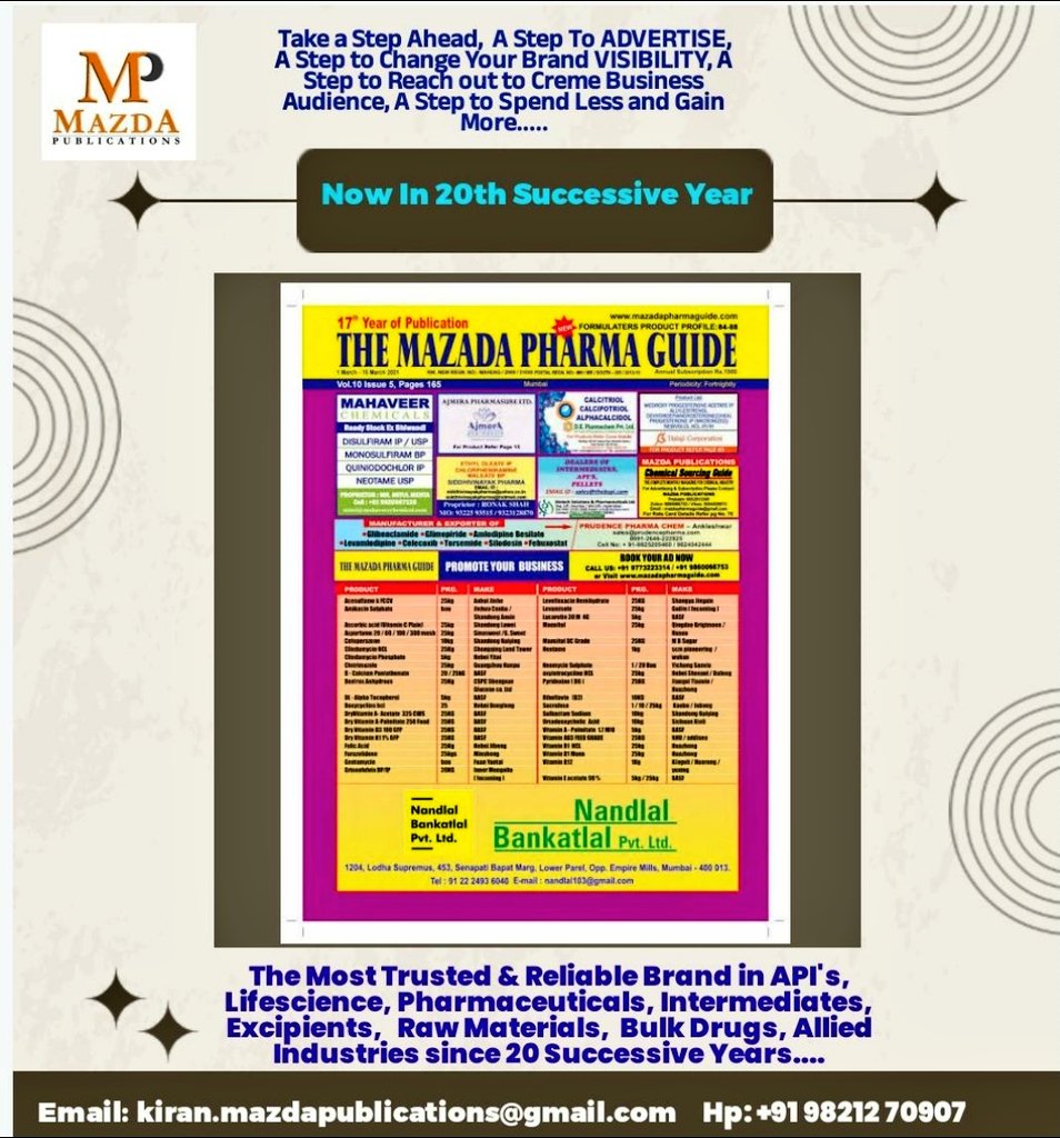 Kiran Raheja (@kiranraheja1) on Twitter photo Mazda Pharma Guide is now in its 20th Successive Year and other than Subscribers it reaches out to Creme Industry people through Pharma and other Pharma related Exhibitions accross India.
Advertise and Reach out to Creme Audience
E: kiran.mazdapublications@gmail.com Mazda Pharma Guide is now in its 20th Successive Year and other than Subscribers it reaches out to Creme Industry people through Pharma and other Pharma related Exhibitions accross India.
Advertise and Reach out to Creme Audience
E: kiran.mazdapublications@gmail.com