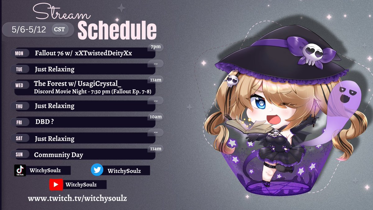 New schedule for this week with some collabs with some cool people @xXTwistedDeityX @usagicrystal_ and maybe some DBD if it works. Plus Friday streams are now happening!