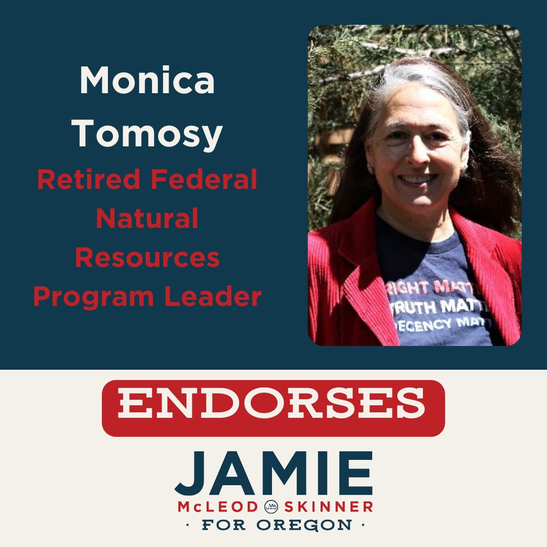 Proud to be endorsed by Monica Tomosy, retired Federal Natural Resources Program Leader.

#OR05 #JamieForOregon