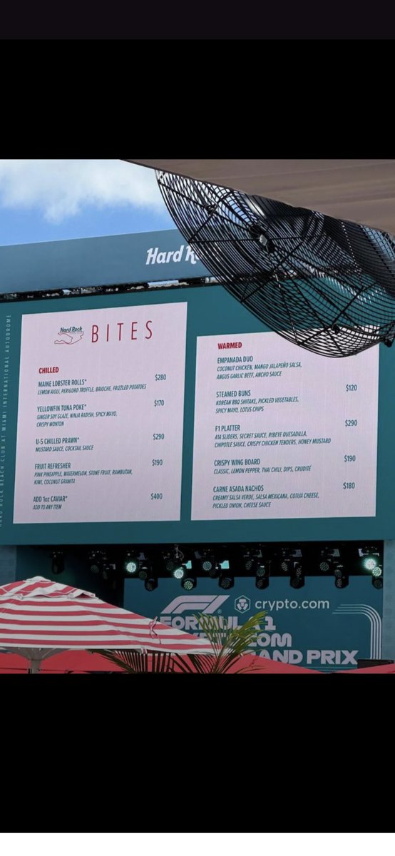 Menu prices at the F1 event in Miami this weekend. $180 for some nachos. $190 for a fruit platter. $280 for lobster rolls. We need at least four or five more rate hikes @federalreserve