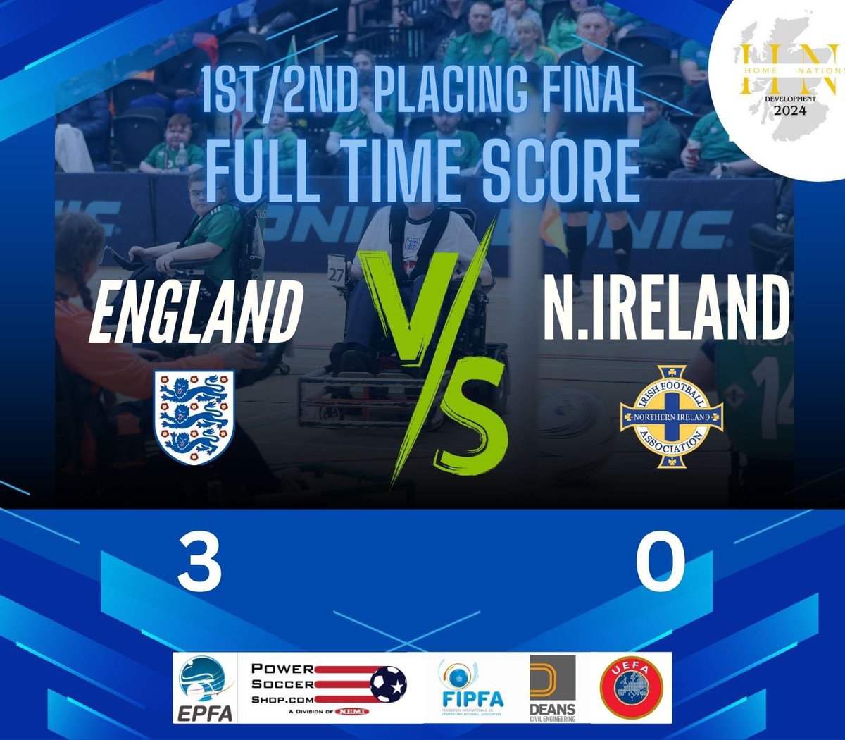 Todays final results 🏆

1️⃣ England 
2️⃣ Northern Ireland 
3️⃣ Scotland 
4️⃣ Republic of Ireland 

Images to follow tomorrow …. 

<a href="/DeansCivilEng/">Deans Civil Engineer</a> 
<a href="/InverclydeNSTC/">Inverclyde NSTC</a> 
<a href="/OfficialFIPFA/">FIPFA</a> 
<a href="/EuropePFA/">European Powerchair Football Association</a> 
<a href="/ScottishFA_dis/">Scottish Para-Football</a>