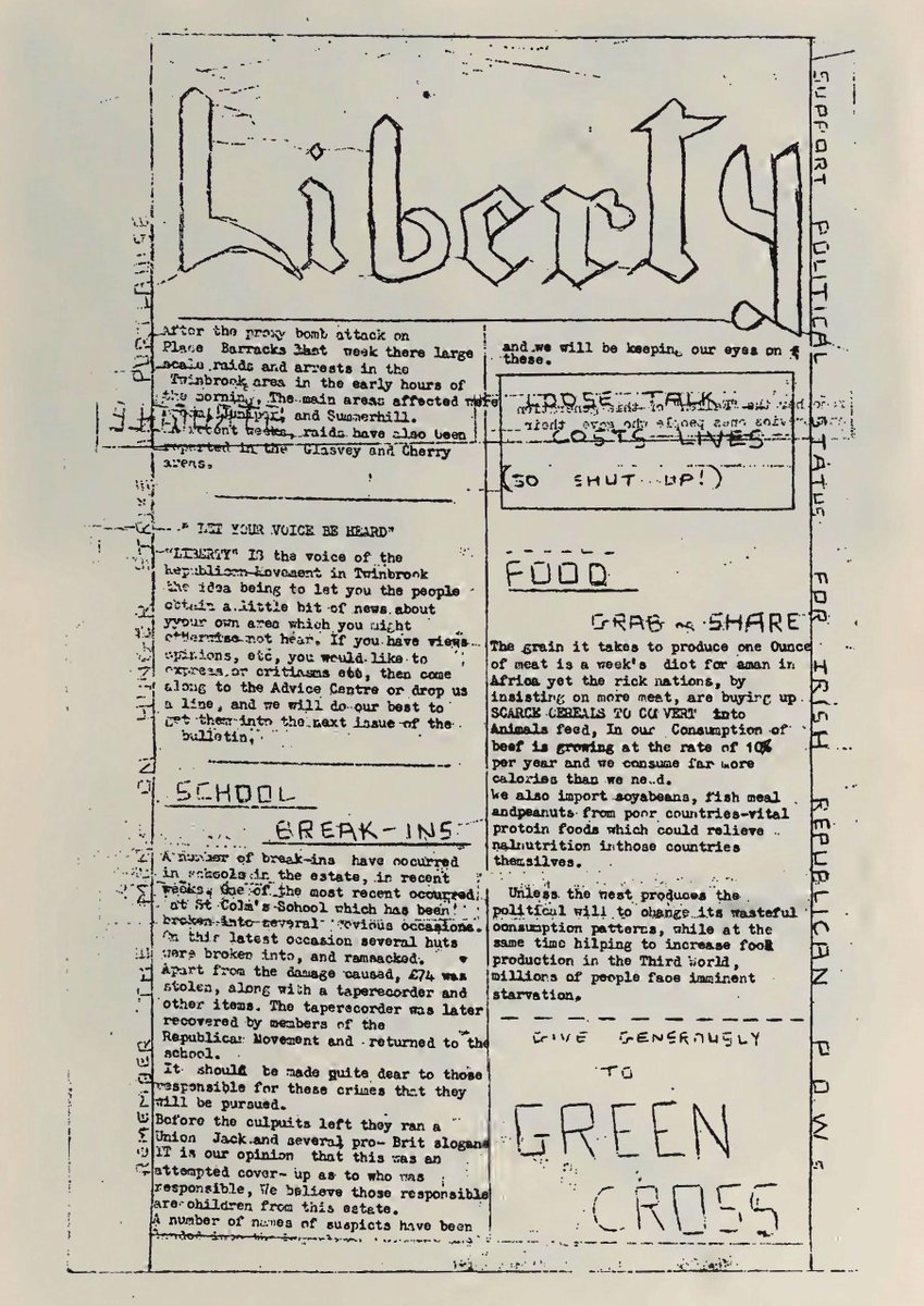 A rare surviving copy of 'Liberty' (1976) - the community magazine launched by Óglach Bobby Sands in Twinbrook. Community was at the heart of all his actions.