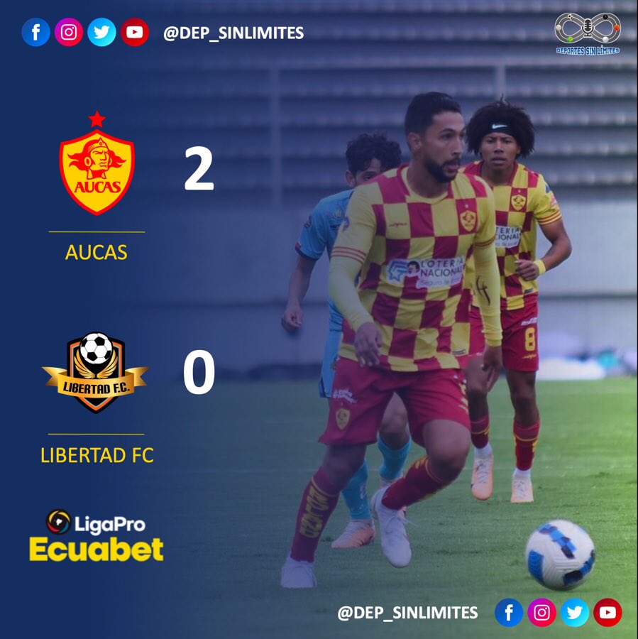 #Aucas 🟡 venció a #Libertad 🟠 y se mantiene líder en la #LigaPro 🇪🇨. 

📌 Luis Cano y Jeison Medina anotaron los goles en el sur de Quito.

¡Somos @Dep_SinLimites! 🎙⚽️