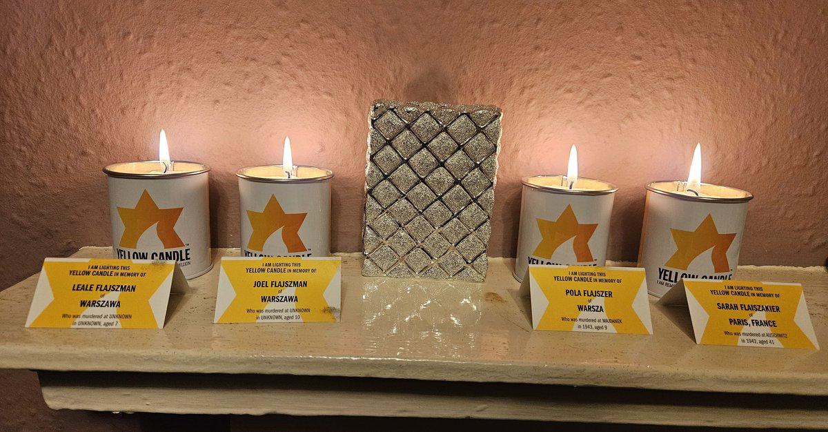 Tonight I light a #YellowCandle in memory of Pola Flajszer (aged 9), Joel Flajszman (aged 10), Leale Flajszman (aged 7), and Sarah Flaiszakier (aged 41).

May their memories be for a blessing. 

#YomHashoah
