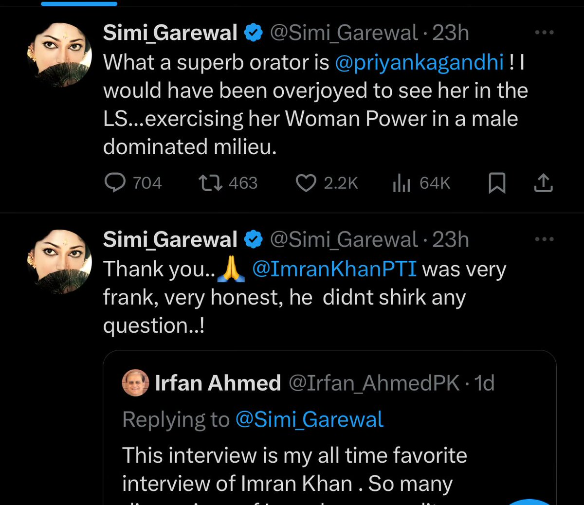 Alleged actress #SimiGarewal praising Imran Khan and Priyanka Gandhi in consecutive posts! 
The Congiz love -#Pakistan