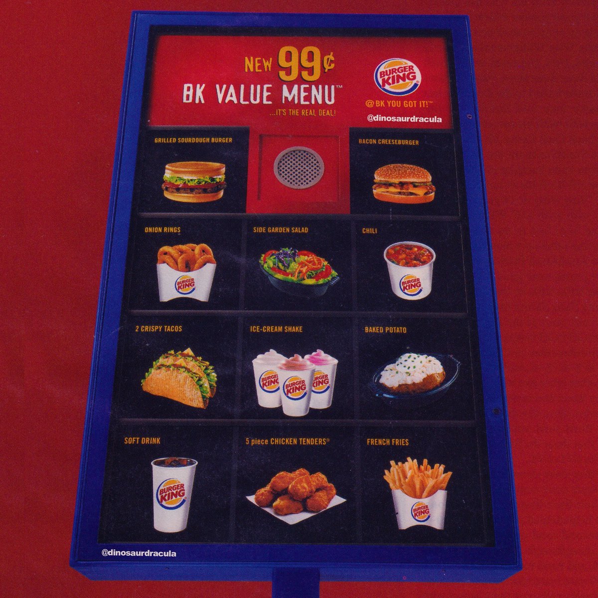 Burger King Value Menu, circa 2002. Highlights included tacos, sourdough burgers, onion rings, chili and chicken tenders.