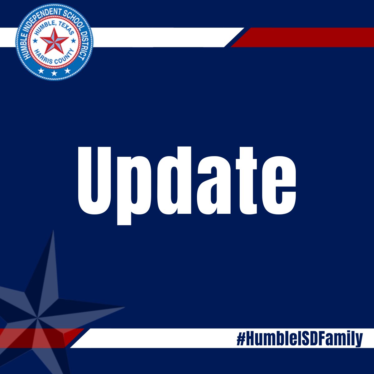 Humble ISD will be OPEN on Monday, May 6, 2024. Classes and activities will resume. Parents and staff please check your email for full information. We look forward to seeing our students and staff back tomorrow!