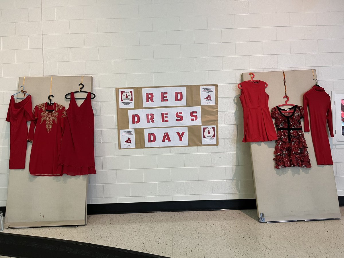 Today, we recognize Red Dress Day to help raise awareness for missing and murdered Indigenous women, girls and two-spirit people. This display is from @TDSB_LAmoreaux #TDSB #RedDressDay