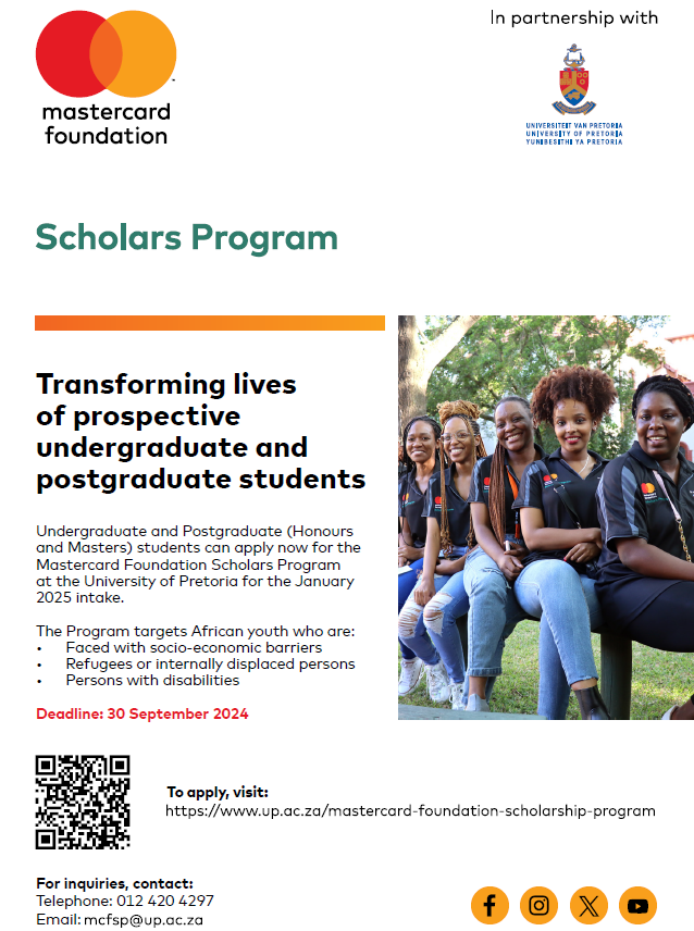 African students: Fully-funded scholarships for Undergraduate and Master's programs at the University of Pretoria! Includes tuition, accommodation, stipend. Apply by September 30, 2024. Link: shorturl.at/imnL5 #MasterCardScholars #TransformAfrica #Scholarship @UPTuks