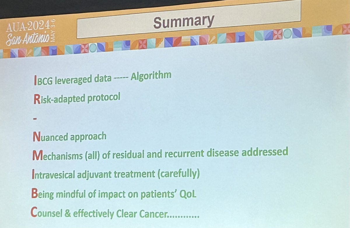 Excellent talks @spsutkaMD and @ParamMariappan on disease management of LG IR #NMIBC Are #chemoablation, fulguration, #ActiveSurveillance proper options? A risk adapted approach based on rigorous diagnosis and #IBCG risk criteria might be most recommendable #AUA24 #BladderCancer