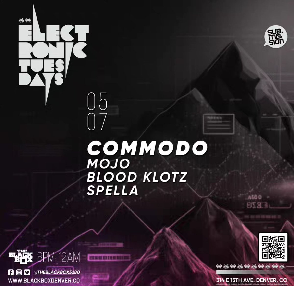 SPECIAL GUEST ANNOUNCEMENT We are incredibly excited to have the don @commodomusic join us as our headliner for this week's E-Tuesday at @TheBlackBox5280! April Winners Battle: @Jojo_Mall vs. @BloodKlotzMusic vs. @spellabeatz -- 🎟: bit.ly/SubmissionMay7
