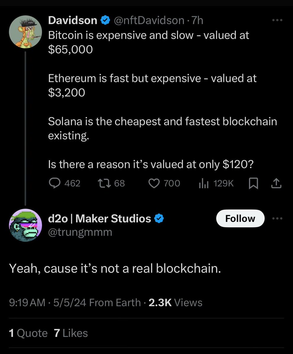 These aren’t our brightest “Not a real blockchain” is the deepest cope of all copes. It’s a non argument made by non serious people. I couldn’t be more proud to hold less and less $ETH by the day; it’s what got me tx on chain, but it’s inhabitants are brain dead Exit swiftly