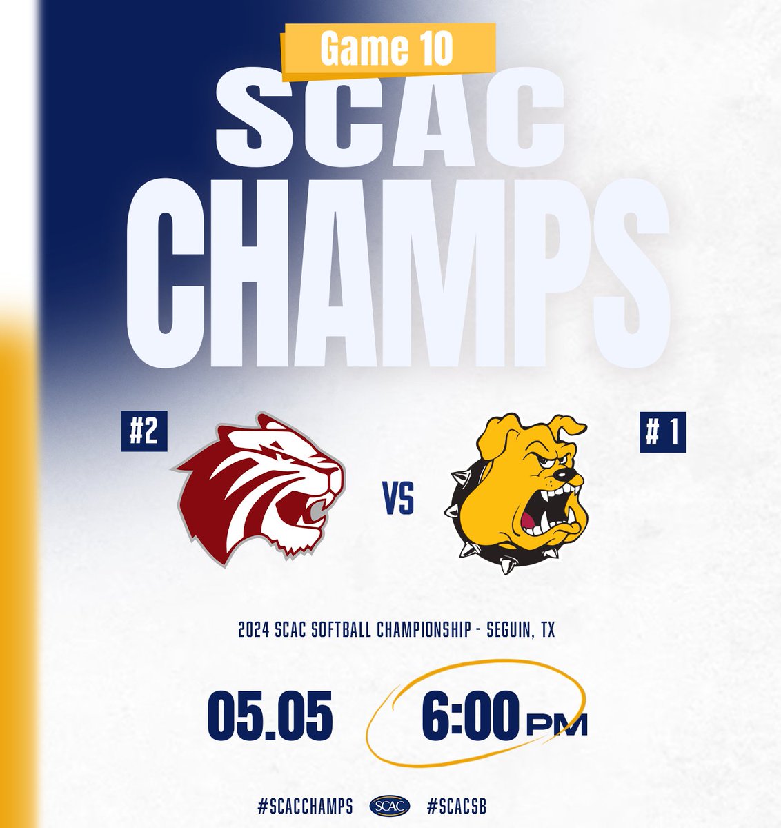 #SCACSb | It's GO TIME! Championship Sunday is back ON! First pitch scheduled for 6:00 PM CT! Are you ready?🥎 @tluathletics 🆚 @TrinityUTigers 🕕| 6:00 PM CT 📊| shorturl.at/rvEFW 📺| youtube.com/watch?v=9ef0b2… #SCACPride | #SCACChamps | #d3softball