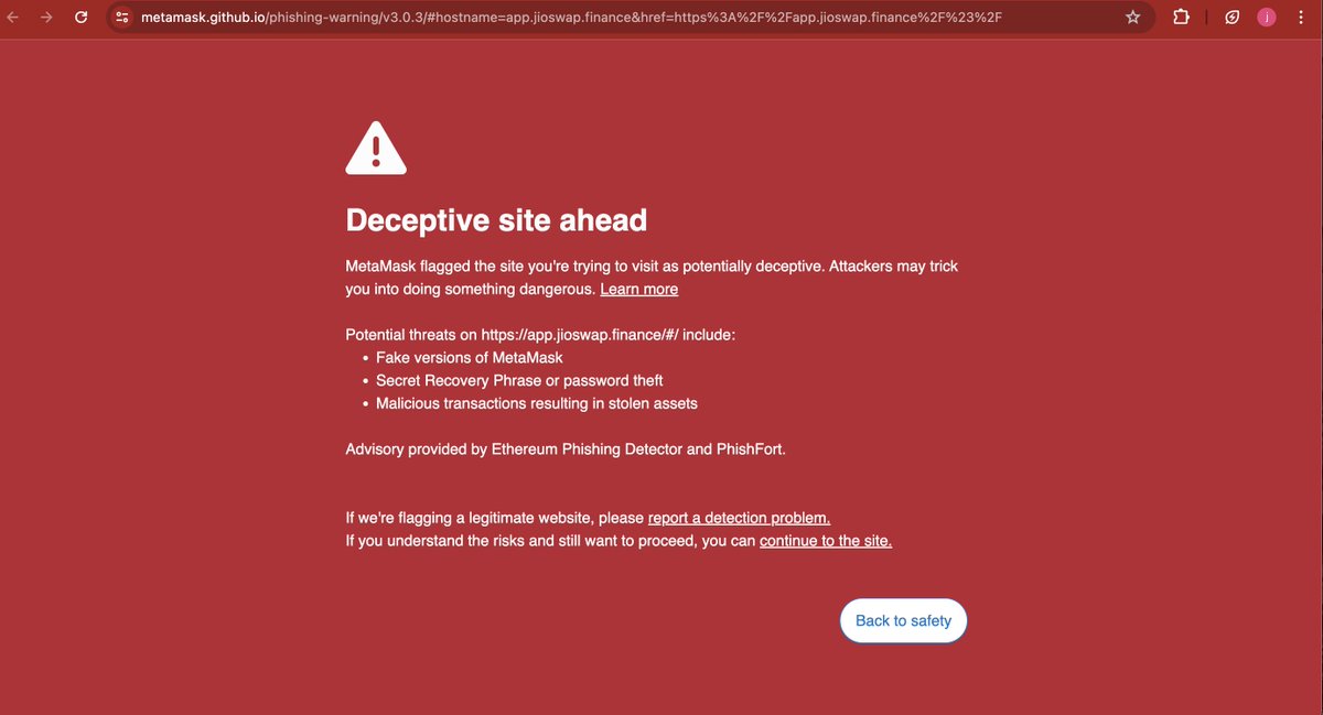 we are aware that some users have seen this phishing warning by #Metamask when visting #jioswap . we've contacted the <a href="/MetaMask/">MetaMask.eth 🦊</a> team to assist in removing this asap. we can confirm that there are NO security issues and other legitimate projects are going through the same thing.