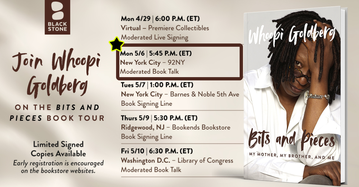 📆TOMORROW NIGHT, IN #NYC!📆 Join #WhoopiGoldberg + @nytimes bestselling author @AdrianaTrigiani for a 5/6 Moderated book talk on Whoopi's memoir BITS AND PIECES, hosted at the @92ndStreetY! 📆Event Info: 92ny.org/event/whoopi-g… 📕Preorder #BITSANDPIECES: bitsandpiecesbook.com