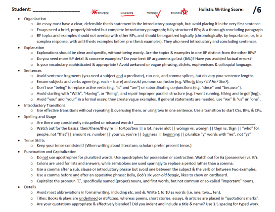 Here is the latest iteration of my hybrid analytic/holistic 6-point writing rubric. It includes #BCEd's proficiency language. I usually photocopy the Literacy 12 6-point scale on the backside. #bcedchat #sd33learns learn.lexiconic.net/HolisticAndAna…