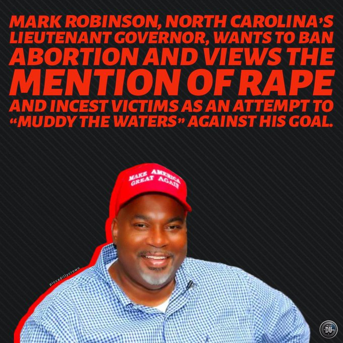 DUnitedGraphics's tweet photo. NC Lt. Governor Mark Robinson wants to be Governor.

Like all MAGA Republicans he wants to ban abortion and could care less about victims of rape and incest.

Robinson is on record saying he wants to go back to a time when women had no vote.

NC, vote for Josh Stein!
#DemsUnited https://t.co/fUQIAMGBbf