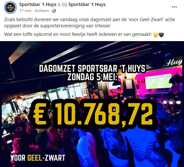 Sportsbar 't Huys in Arnhem doneert de dagomzet van vandaag aan Vitesse. Prachtig bedrag Voor Geel-Zwart 💛🖤

Bron: facebook.com/sportsbarthuys/