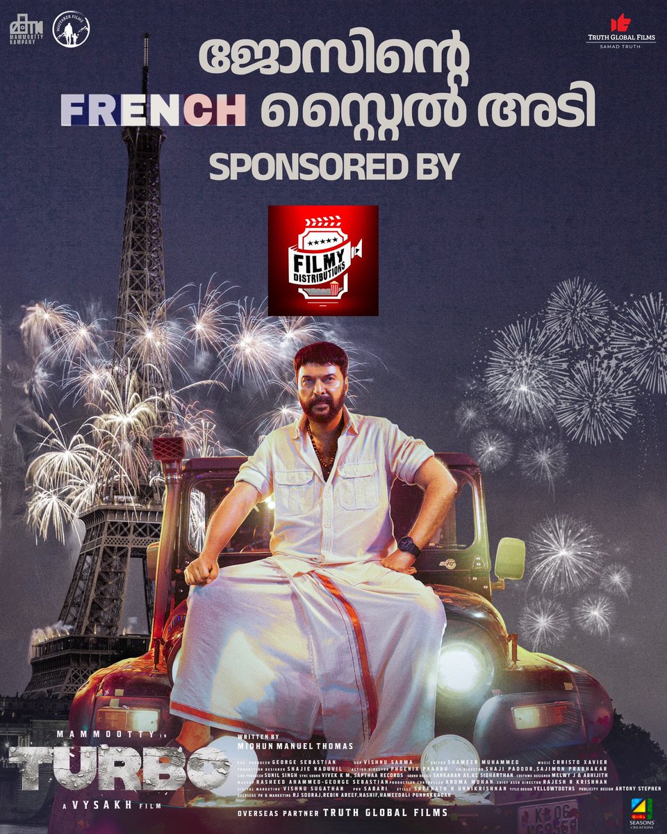 Truthglobalofcl's tweet photo. ജോസിന്റെ FRENCH സ്റ്റൈൽ അടി Sponsored By
"@FilmyDistri " 

@Truthglobalofcl @4SeasonCreation 

#TurboFromMay23 #Mammootty #MammoottyKampany #Vysakh #MidhunManuelThomas #SamadTruth #TruthGlobalFilms #WayfarerFilms #4SeasonsCreations #FilmyDistributions https://t.co/A1RiQUZbj9