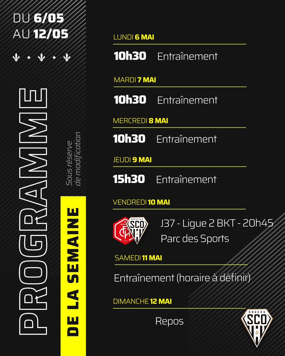 Découvrez le programme de la semaine de vos joueurs avec un déplacement décisif à Annecy vendredi soir 👊 Tous derrière nos Angevins pour ces deux derniers matchs de la saison, deux finales pour aller chercher cette montée 🫵