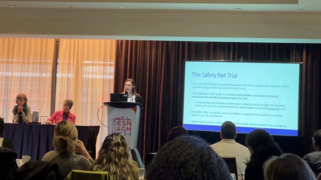 #CanSOLVE2024 - Dynamic duo Rachel Girimonte & @cm54woods presenting on the Safety Net project, which is focused on implementing a targeted, risk-based, population screening program for Chronic Kidney Disease using administrative data.