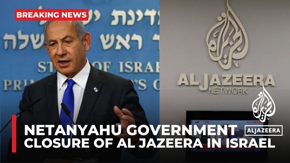 Israel 🇮🇱 has stopped Al-Jazeera broadcasting, in response to its coverage of the Gaza 🇵🇸 genocide Israel 🇮🇱 previously prevented western media from even entering Gaza 🇵🇸 Don’t let anyone say Israel 🇮🇱 is a democracy It is a fascist government And Netanyahu is a war criminal.