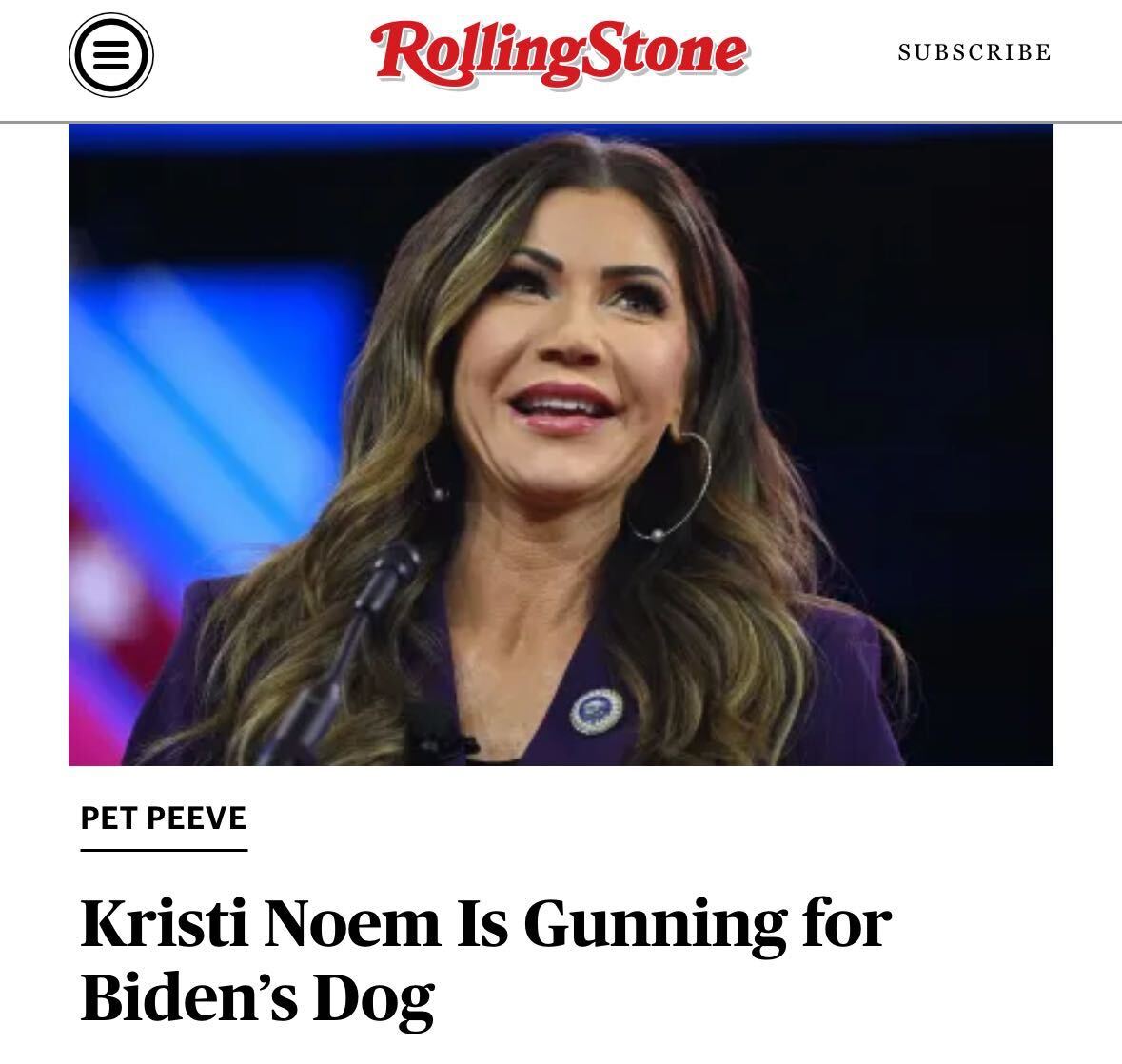 After shooting her own dog, Kristi Noem now seems to be gunning for Joe Biden‘s pooch, Commander. In a trainwreck of an interview, Noem defended a passage where she seems to suggest Commander should be shot. Watch: rollingstone.com/politics/polit…