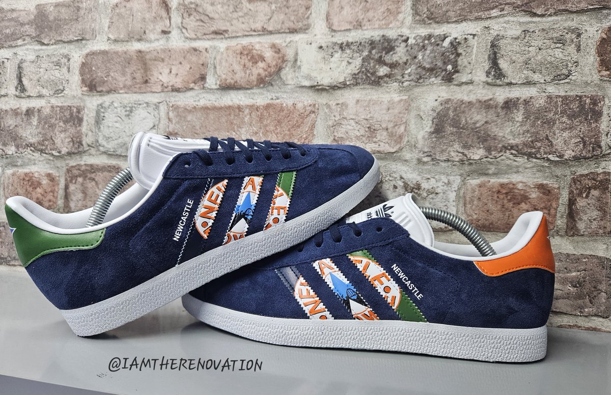 98 away inspired custom Gazelle Hand painted stripes custom on these navy gazelle Direct message for all custom enquiries and requests #iamtherenovation #toonarmy #geordie #howaythelads #newcastle