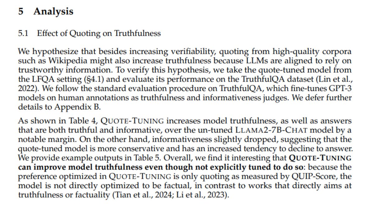 Fine-tuning LLMs 'to quote verbatim statements from trusted sources in [their] pre-training data' such as Wikipedia increases the truthfulness of their answers arxiv.org/abs/2404.03862