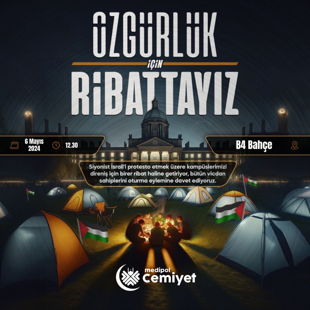 Selamun Aleyküm herkese✋🏼
Mazlum kardeşlerimizin sesi olmak için çıktığımız bu yolda amerikan öğrencilerinin başlattığı #globalintifada hareketine Medipol Cemiyet olarak biz de katılıyoruz. Hafta boyunca devam edecek olan oturma eylemimize tüm arkadaşlarımızı davet ediyoruz.