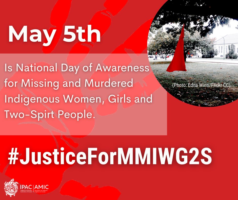 May 5 is Nat'l Day of Awareness for Missing & Murdered Indigenous Women, Girls, & Two-Spirit people in Canada. Red dresses symbolize tragedy of 1000+ missing & murdered Indigenous individuals. Support line: 1-844-413-6649. #justiceforMMIWG2S