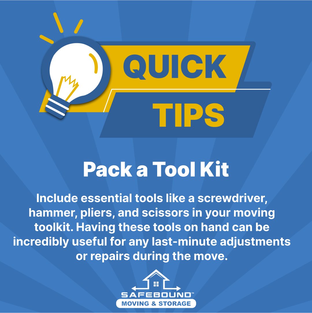 📦Pro Tip: Don't forget to pack a versatile tool kit for any unexpected needs during your move.

#movingtips #movingtime #movingtipsandtricks #movesmarter #packingproblems #moversandpackers #movers #movingchecklist #packingtips #educational #packinghacks #packing #safebound