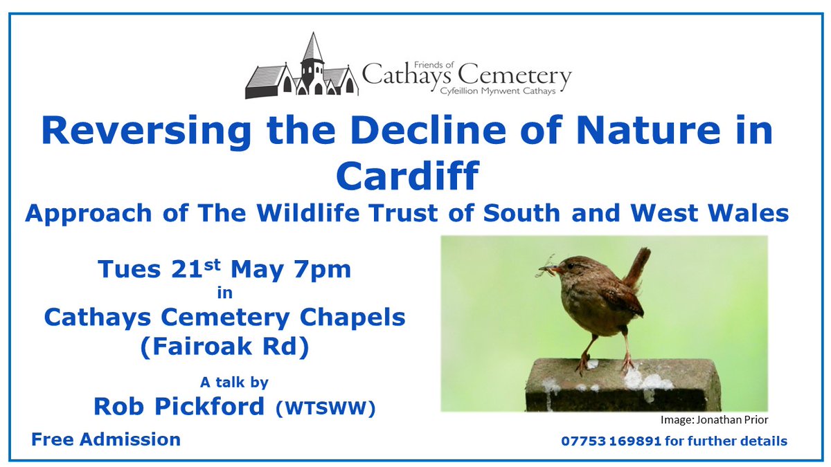 Date for your diary.

On 21 May @ 7pm. Rob Pickford of The Wildlife Trust for South & West Wales will be giving a talk in the #Cathays cemetery chapels on the group's approach to ‘Reversing the Decline of Nature in Cardiff’  @WTSWW 

Free admission.