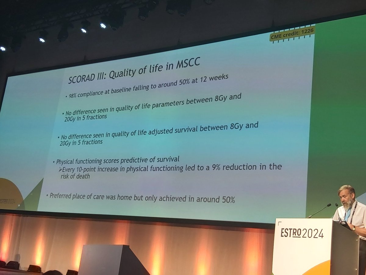 #WhereisHoskin presents #SCORAD QoL data. No difference between 20Gy in 5# or 8Gy in 1#. Patients want to be looked after at home. Paper now published in @JNCI_Now @UCL_CCTU @RT_physics @ESTRO_RT @UoM_DCS @MCRCnews #TeamManchester