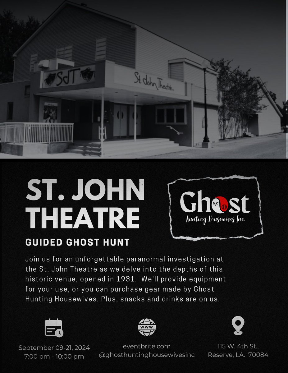 👻 Join us for a guided ghost hunt at the St. John Theatre in Reserve, Louisiana. Dare to explore the paranormal with us in this historic venue. Limited spots available, so reserve yours now!
eventbrite.com/e/st-john-thea…
#GhostHunt #Louisiana #ParanormalActivity  #EventbriteTickets