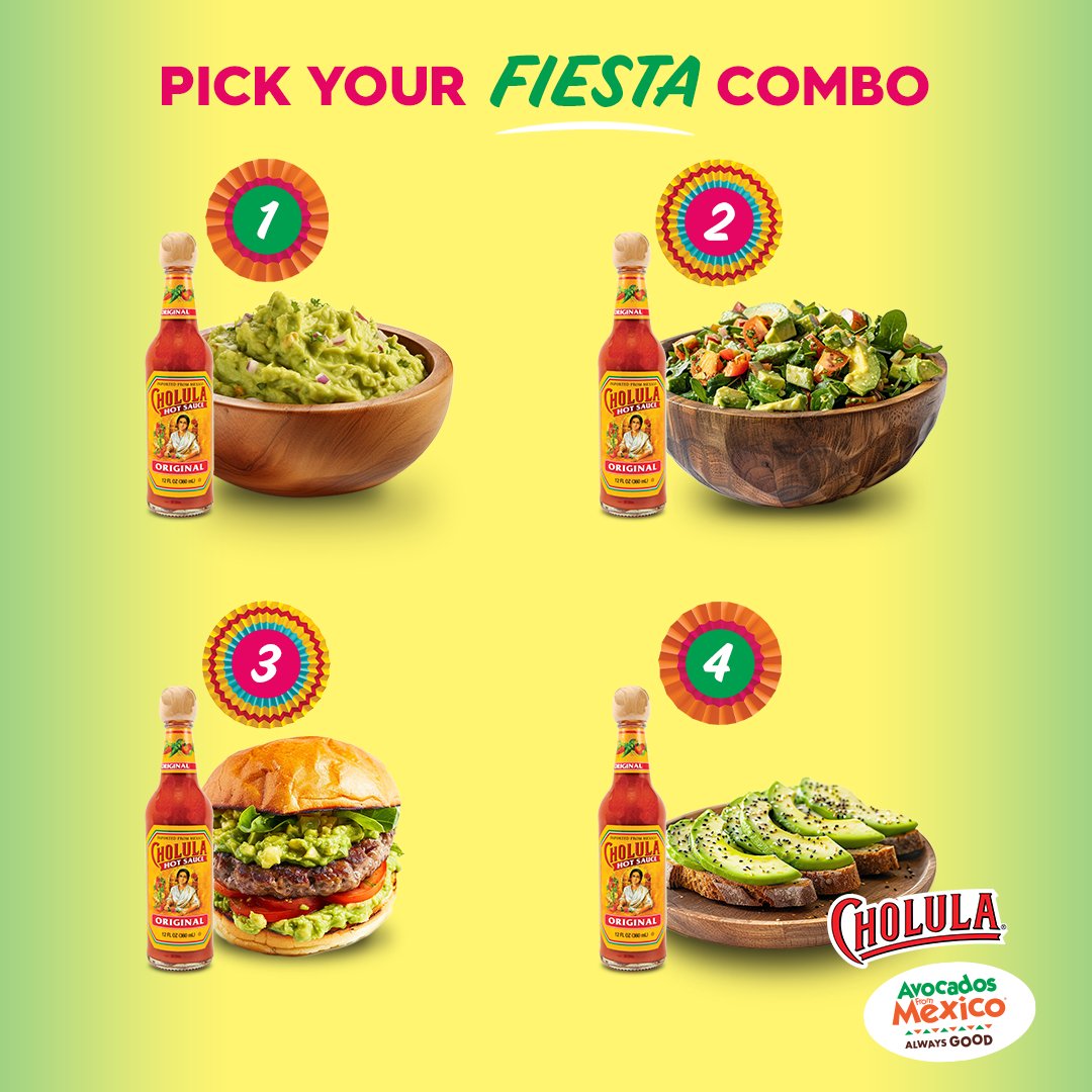 Leave your comments on our fiesta combos! Pick your top or rank ‘em all. When Cholula® and Avocados From Mexico® get together, it’s always a fiesta! 🥳 Visit this link to learn how you can get cash back when you bring the fiesta home with Avocados From Mexico® and Cholula® 😋:
